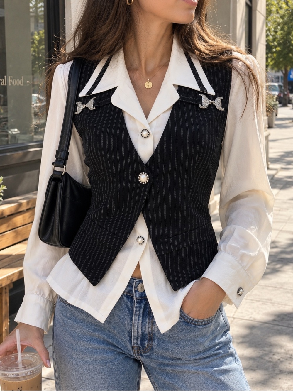 Vintage Milex Pinstripe Waistcoat Blouse Pearl Buttons Made USA